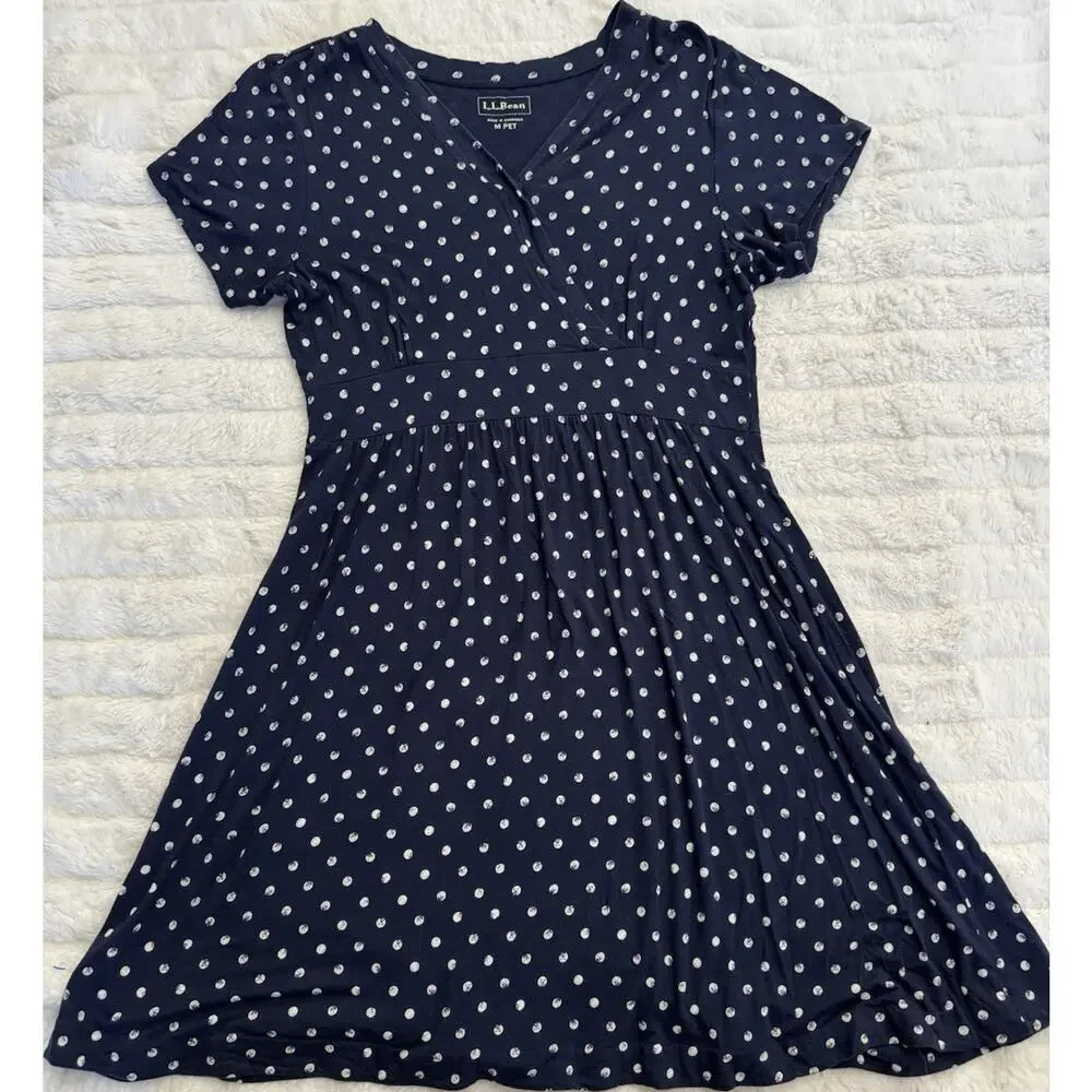 L.L.Bean Blue White Polka Dot Fit & Flare V-Neck Short Sleeve Dress M Pet - Picture 1 of 5